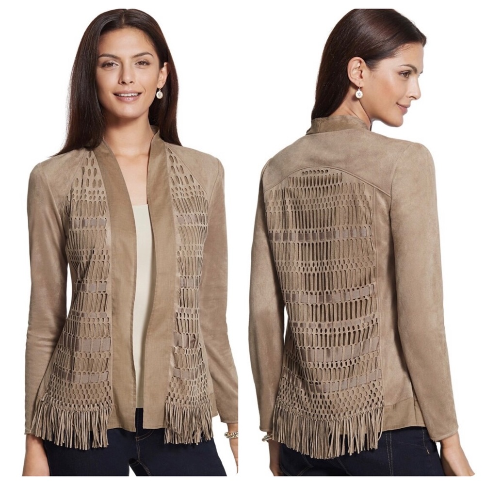 Chico’s Faux Suede Fringe Jacket, Countess Taupe, Size 1 (M-8).